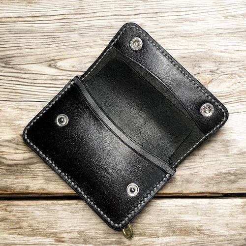 姫路レザー芯通し黒色ミニトラッカーウォレット/黒色/ステッチ白色 二