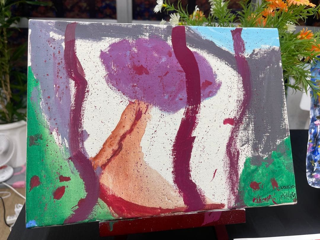 アクリル画 風景画 紫の木 水辺の桜並木 | Yukari.Tanemura ｜インテリア絵画 アートの専門通販